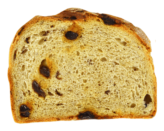 Raisin bread slice with golden crust.